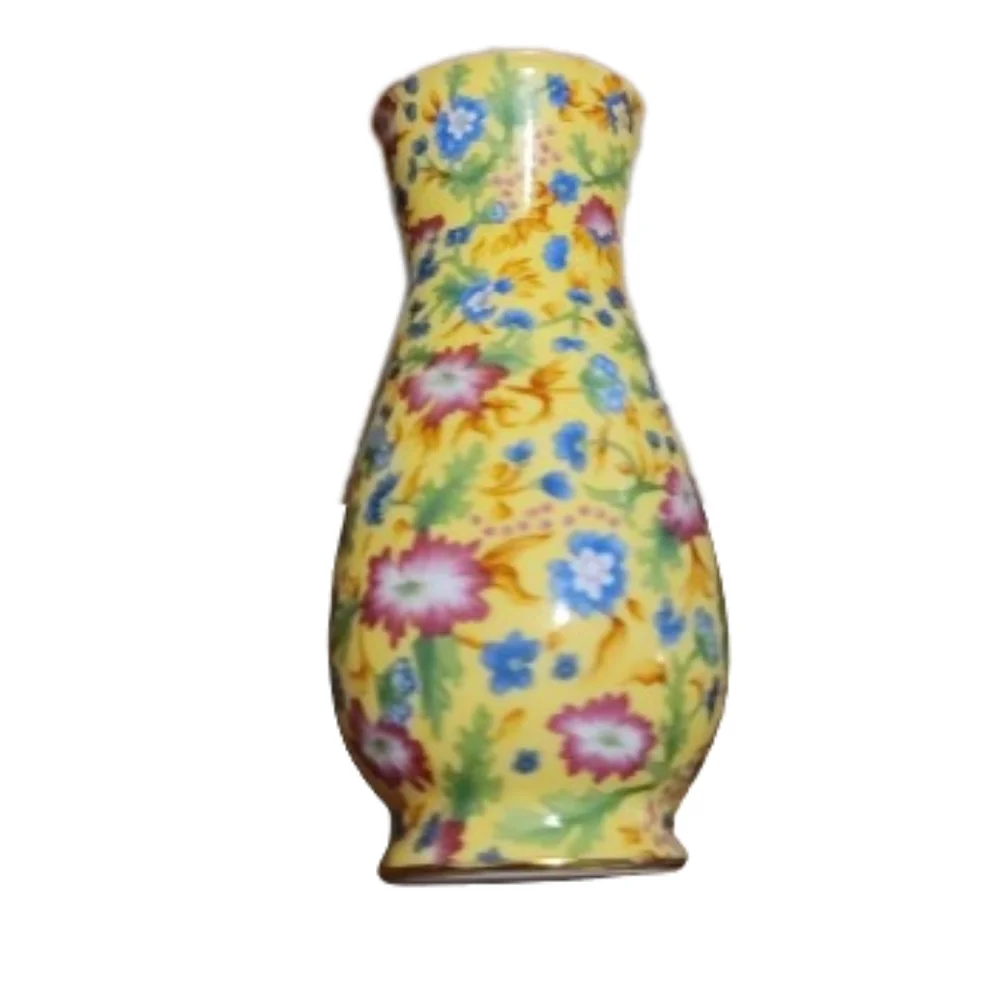 Two’s Company 5.5” FLORAL CHINTZ Bud Vase With Gold Rim yellow blue pink green